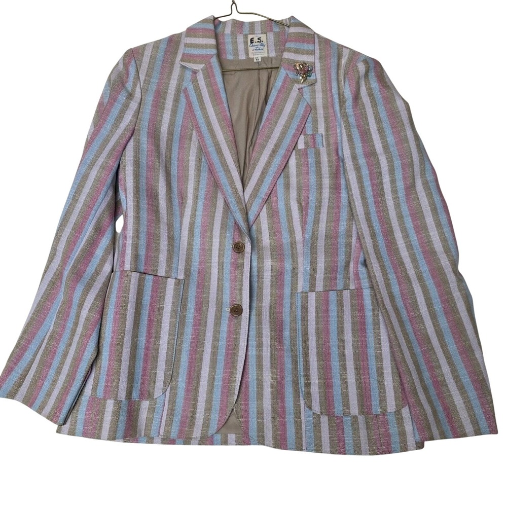 Blazer Jacket Size 12‎ Queens Way Fashion Pastel Striped Japan Moonstone Brooch